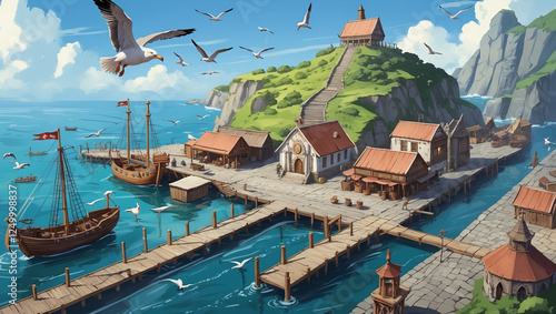 Wallpaper Mural ピクセルアート 背景 海沿いの村 海の風景 木製の桟橋 Torontodigital.ca