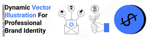 Email icons with recipient avatars, Bitcoin for cryptocurrency, hand growing a plant, and dollar sign for financial growth. Ideal for marketing, finance, networking, communication themes, and flat