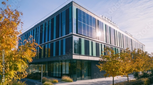 Modern sustainable building with solar panels and autumn foliage view