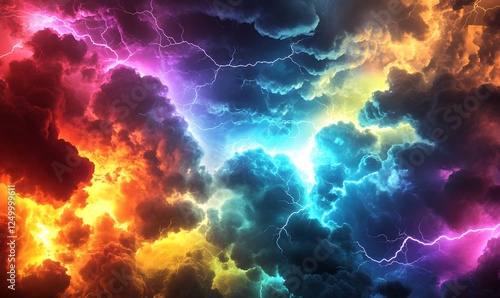 Chromatic Tempest, A Vivid Display of Lightning and Colored Clouds
