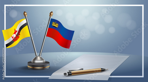 Brunei and Liechtenstein National flags on small table with bokeh background, cooperative relationship