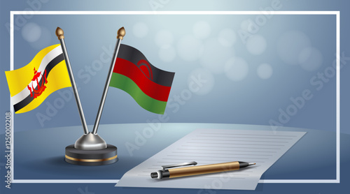Brunei and Malawi National flags on small table with bokeh background, cooperative relationship