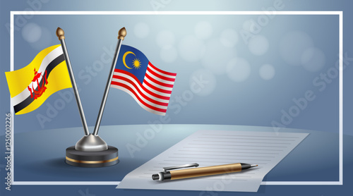 Brunei and Malaysia National flags on small table with bokeh background, cooperative relationship