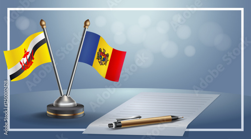 Brunei and Moldova National flags on small table with bokeh background, cooperative relationship
