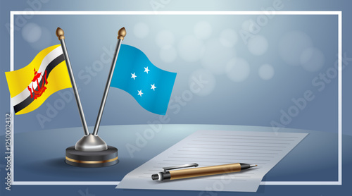 Brunei and Micronesia National flags on small table with bokeh background, cooperative relationship