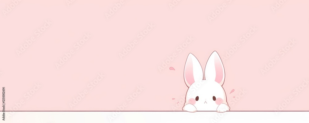 Obraz premium Cute white bunny peeking from bottom edge on pink background with copy space. Minimalist Easter design for greeting cards, baby shower invitations, children birthday decorations
