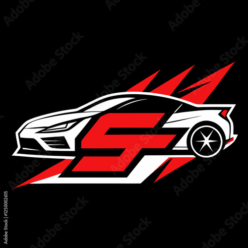 A hot red racing car vector illustration depicts a powerful sports vehicle speeding in a race