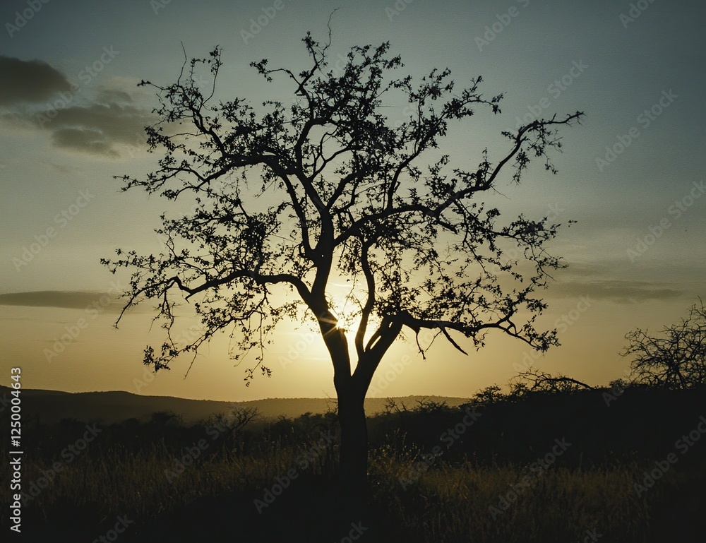 Sunset Silhouette: Tree Stands Tall Against Vibrant Sky, Golden Hour Landscape Photography Sunset Silhouette: Tree Stands Tall Against Vibrant Sky, Golden Hour Landscape Photography