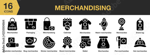 Merchandising solid icon set. Includes commercial, distribution, store, package, sale, and More. Solid icons vector collection.