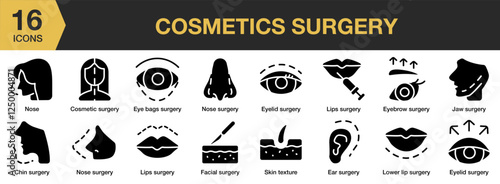 Cosmetics Surgery solid icon set. Includes woman, medicine, clinic, cosmetic, surgery, and More. Solid icons vector collection.
