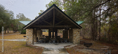 a shelter house at a park 