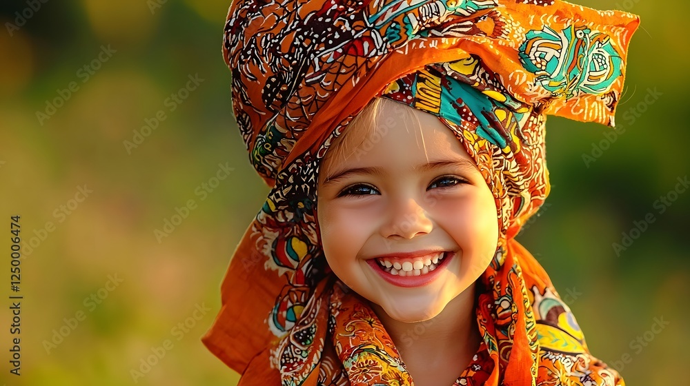 Fototapeta premium Closeup portrait of a happy cheerful Indonesian child girl wearing a traditional batik sarong with colorful cultural patterns and motifs expressing joy and delight