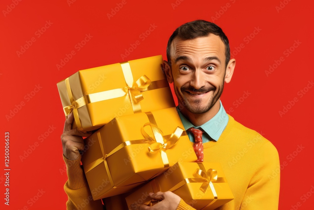 Man in yellow sweater holding stack of golden gift boxes on red background. Holiday present delivery concept. Christmas, Birthday, Valentine day, Father day celebration. Copy space Man in yellow sweater holding stack of golden gift boxes on red background. Holiday present delivery concept. Christmas, Birthday, Valentine day, Father day celebration. Copy space