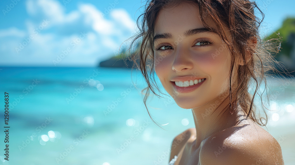 Indonesian woman in white dress smiling enjoying seaside on Isla Mujeres beach Indonesian woman in white dress smiling enjoying seaside on Isla Mujeres beach
