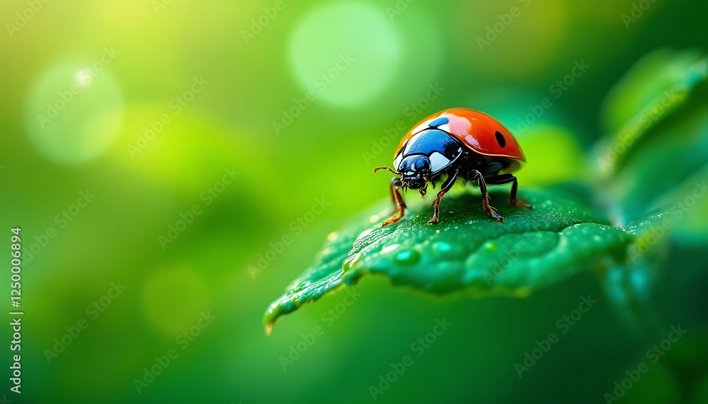 Ladybug Sitting on Green Leaf in Garden with Sunlight Ladybug Sitting on Green Leaf in Garden with Sunlight