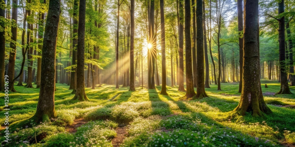Obraz premium A sunny day in the forest with dappled sunlight filtering through the leaves of towering trees, revealing a carpet of soft moss and wildflowers, natural scenery, bright light, branches
