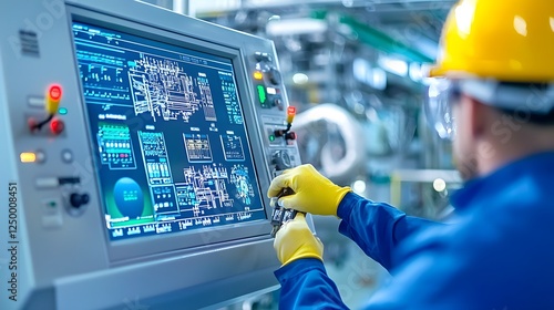 Engineers Monitoring and Controlling in the Control Room of a Nuclear Power Plant Examining Digital Screens Control Panels and Industrial Equipment for Energy Production and Safety