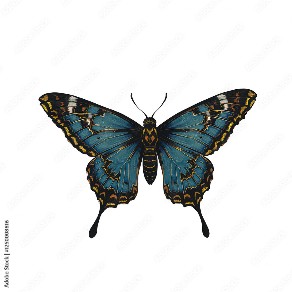 Obraz premium A striking blue and black butterfly with ornate wing patterns, gracefully poised mid-flight against a transparent background. Its wings unfurl to reveal intricate designs as it glides rightward. trans