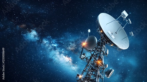 Futuristic 5G communication tower with satellite dishes and antennae transmitting wireless data signals to smart devices in a starry night sky  Concept of advanced digital connectivity