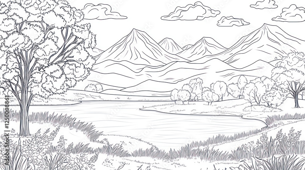 Serene lake landscape, mountains background, coloring page Serene lake landscape, mountains background, coloring page