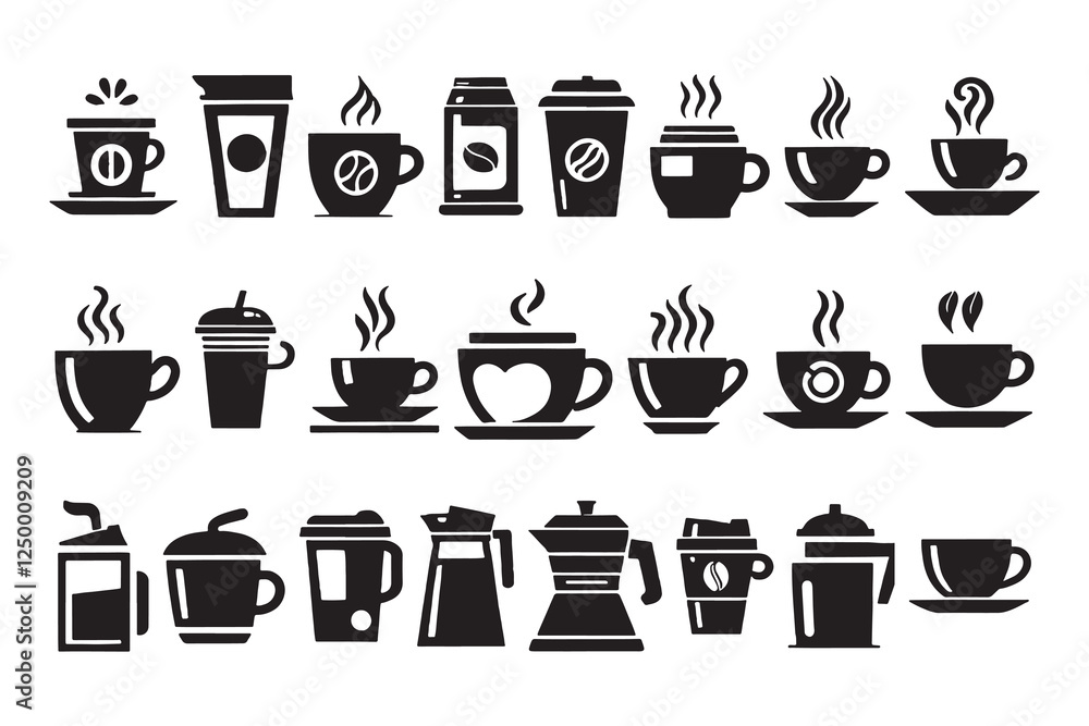 Obraz premium Various Coffee and Hot Drink Icons in Black and White