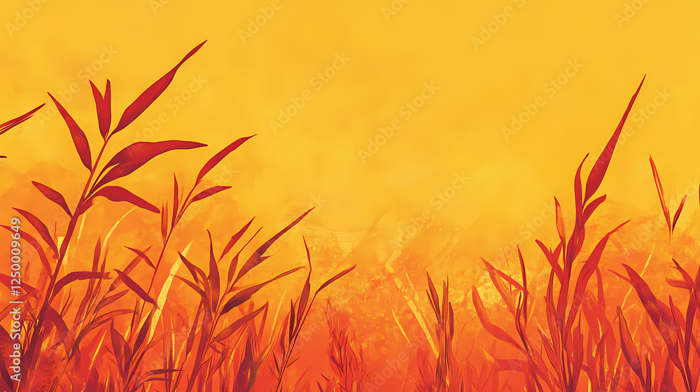 Golden sunset over tall grass, vibrant orange and yellow hues, highlighting a warm summer evening and themes of extreme heat and climate change. Extreme Contrast Themes. Illustration Golden sunset over tall grass, vibrant orange and yellow hues, highlighting a warm summer evening and themes of extreme heat and climate change. Extreme Contrast Themes. Illustration