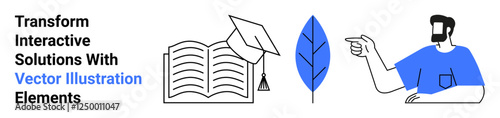Open book with graduation cap, blue leaf, and person pointing. Ideal for education, innovation, creativity, teamwork, academic success, knowledge sharing flat landing page banner