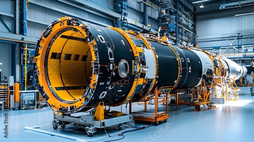 Fototapeta Naklejka Na Ścianę i Meble -  Lightweight and durable carbon fiber satellite casing being assembled and constructed within a high tech aerospace manufacturing facility