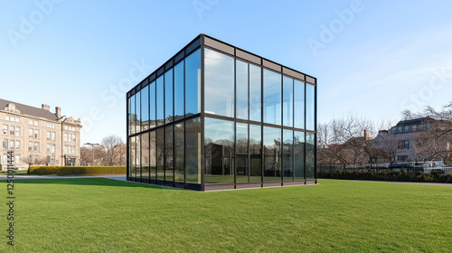 Modern glass and steel house with minimalist design in green landscape