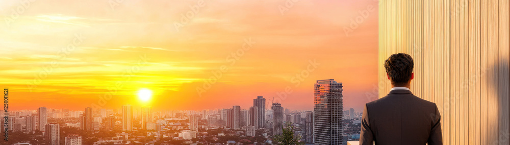 man in suit gazes at stunning sunset over city skyline, reflecting on life man in suit gazes at stunning sunset over city skyline, reflecting on life