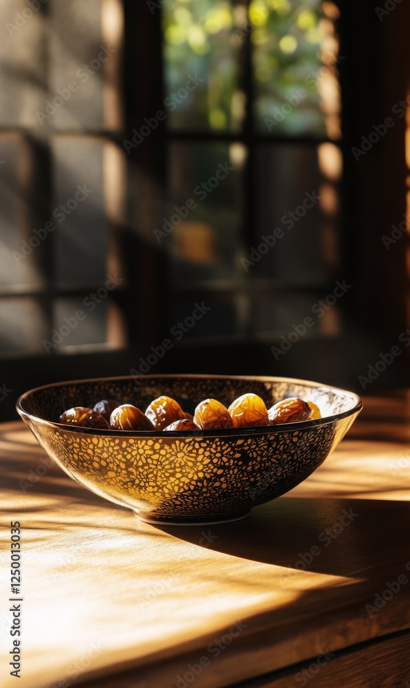 Bowl of dates bathed in warm morning light on wooden table against window backdrop Bowl of dates bathed in warm morning light on wooden table against window backdrop