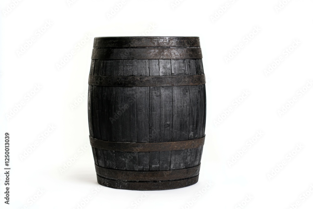 Fototapeta premium Black barrel with a wooden lid sits on a white background