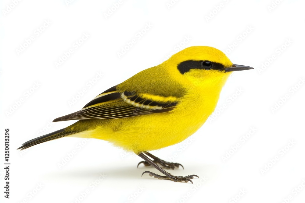 Obraz premium Yellow bird with black stripes on its wings is standing on a white background
