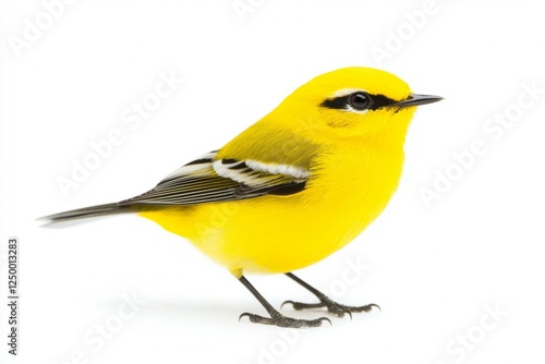 Yellow bird with a black and white wing is standing on a white background