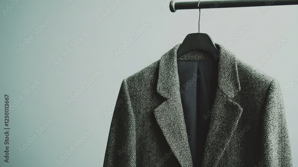 Elegant Gray Coat Hanging on a Hanger Against a Soft Pastel Background Elegant Gray Coat Hanging on a Hanger Against a Soft Pastel Background
