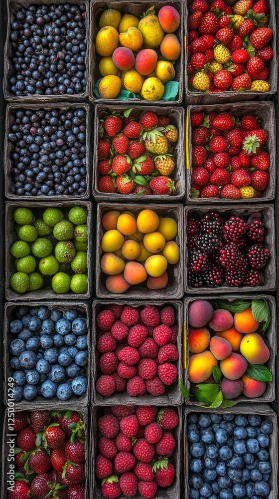 A vibrant arrangement of assorted berries and fruits fills square boxes at a market. Blueberries, raspberries, strawberries, and more create a stunning visual feast against a dark backdrop A vibrant arrangement of assorted berries and fruits fills square boxes at a market. Blueberries, raspberries, strawberries, and more create a stunning visual feast against a dark backdrop