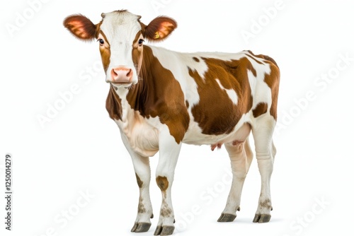 Cow with white and brown spots stands in front of a white background photo