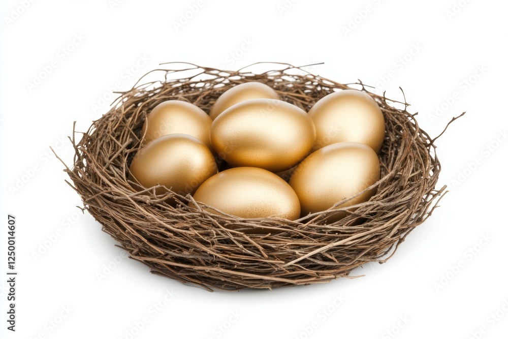 Nest of gold eggs sits on a white background Nest of gold eggs sits on a white background