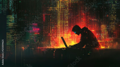 Hacker in the office using a computer for a cyber attack