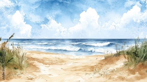Watercolor Beach Scene with Blue Sky and Ocean Waves Painting Illustration