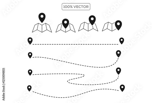 Map and location symbols set. Mapping icon collection. Geolocation map path distance. GPS cartography position. vector template