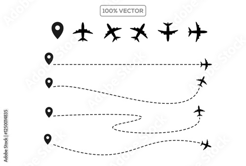 Airplane routes set. Plane paths. Aircraft tracking, planes, travel, map pins, location pins. Vector template