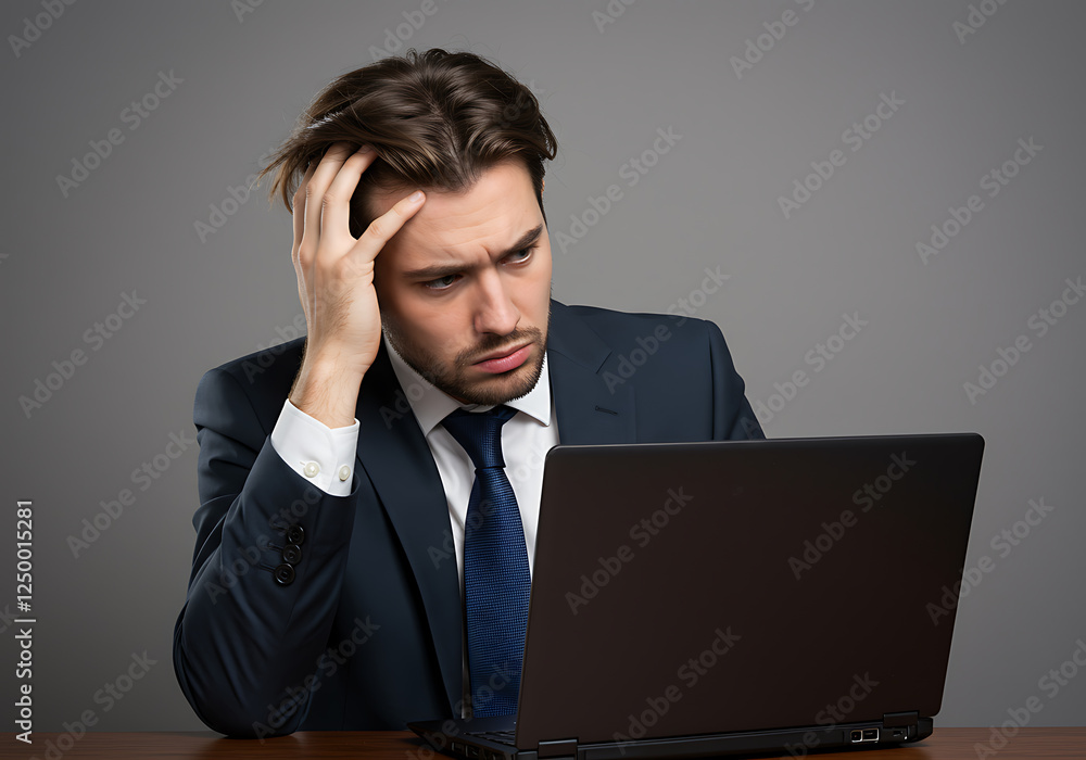 Stressed Businessman Looking at Laptop on Gray Background Stressed Businessman Looking at Laptop on Gray Background