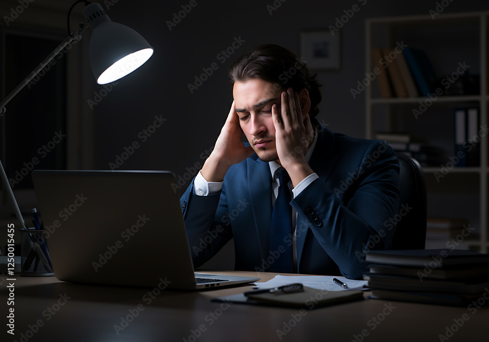 Stressed Businessman Working Late Night In Office Stressed Businessman Working Late Night In Office