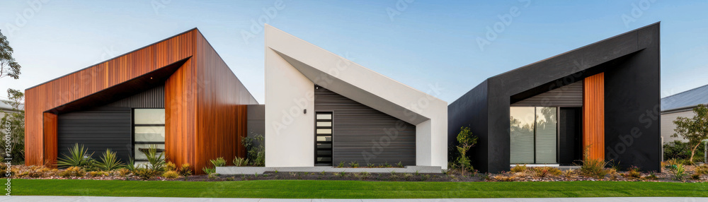 Fototapeta premium Sleek modern home with angular design featuring contrasting colors and textures. unique architecture creates striking visual