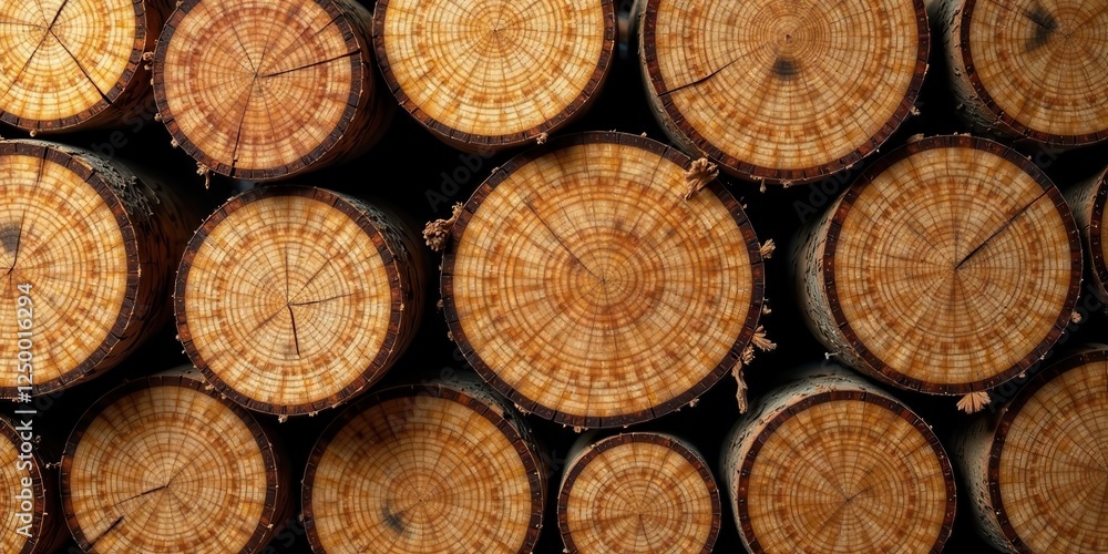 A Stack of Tightly Packed, Circular Tree Cross Sections, Showing Detailed Wood Grain Patterns and Natural Variations in Color and Texture A Stack of Tightly Packed, Circular Tree Cross Sections, Showing Detailed Wood Grain Patterns and Natural Variations in Color and Texture