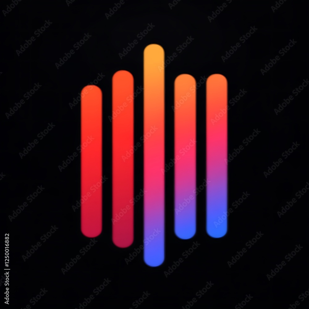 Abstract image of five vertical rounded bars with a gradient color pattern on a black background Abstract image of five vertical rounded bars with a gradient color pattern on a black background