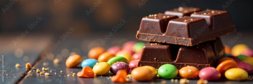 Dark chocolate bar stacked on top of colorful candy pieces , candy, chocolate, treats Dark chocolate bar stacked on top of colorful candy pieces , candy, chocolate, treats