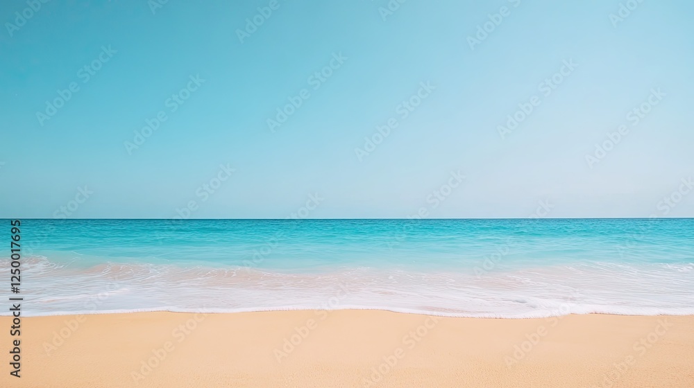Serene beach landscape showcasing soft waves lapping against golden sand under a clear blue sky Serene beach landscape showcasing soft waves lapping against golden sand under a clear blue sky