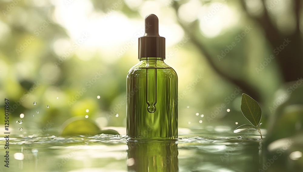 Discover Nature's Essence: Green Botanical Oil Dropper Bottle in Tranquil Water, Reflecting Serenity and Purity. Natural Beauty. Discover Nature's Essence: Green Botanical Oil Dropper Bottle in Tranquil Water, Reflecting Serenity and Purity. Natural Beauty.